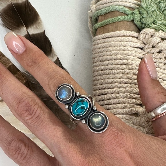 NWT Turquoise & Labradorite Three Stone Hand Crafted Sterling Silver Ring Size 8 - Picture 2 of 9